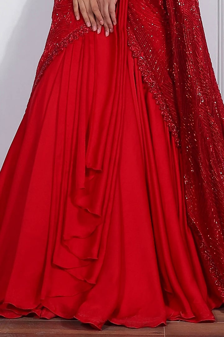 Red Crepe Silk & Net Hand Embroidered Reception Lehenga Saree Set by Ritika Mirchandani at Pernia's Pop Up Shop